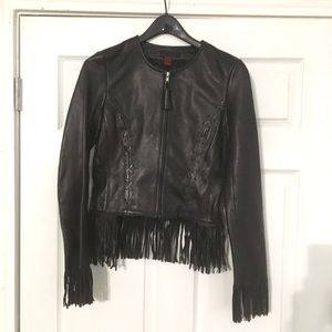 Debbie Shuchat Black Soft Leather Collarless Fringe Sleeved Jacket - SZ 4 - GUC
